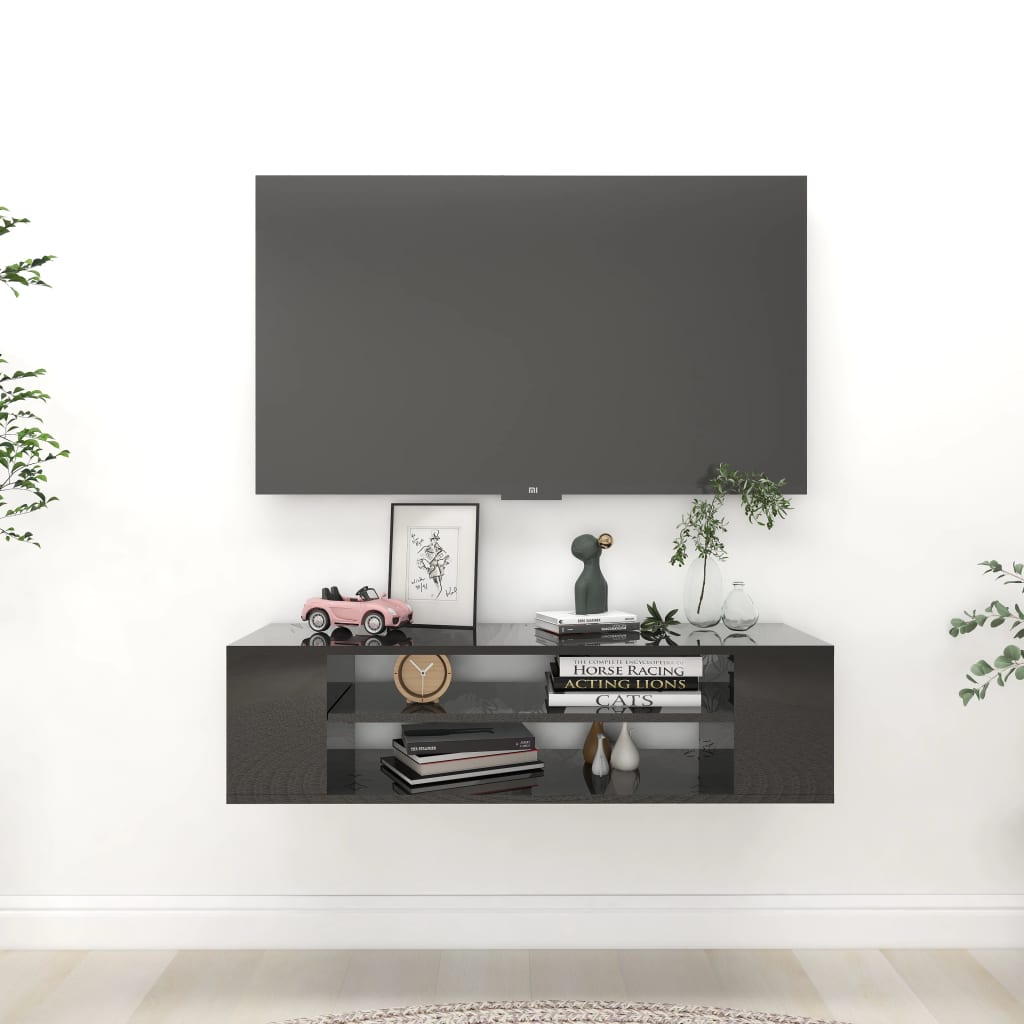 vidaXL Meuble TV suspendu noir brillant 100x30x26,5 cm Aggloméré