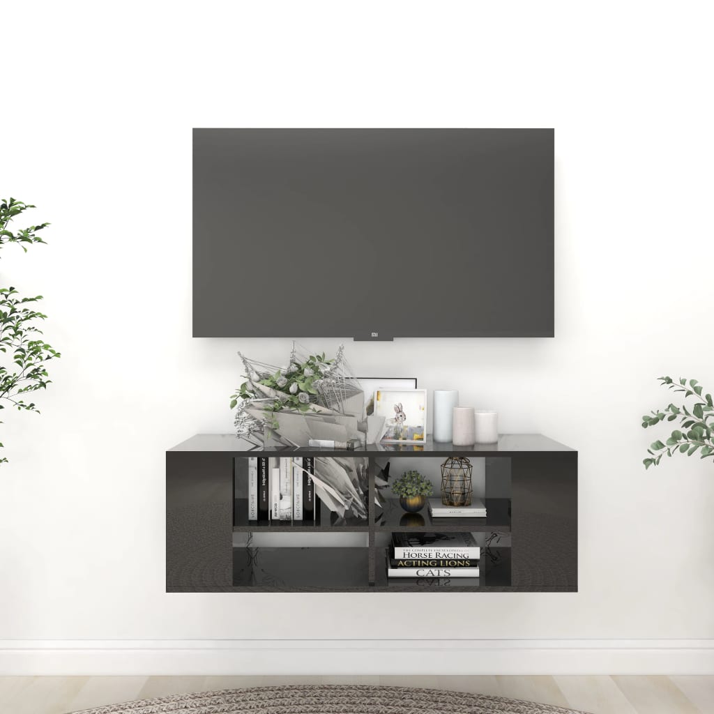 vidaXL Meuble TV mural noir brillant 102x35x35 cm Aggloméré