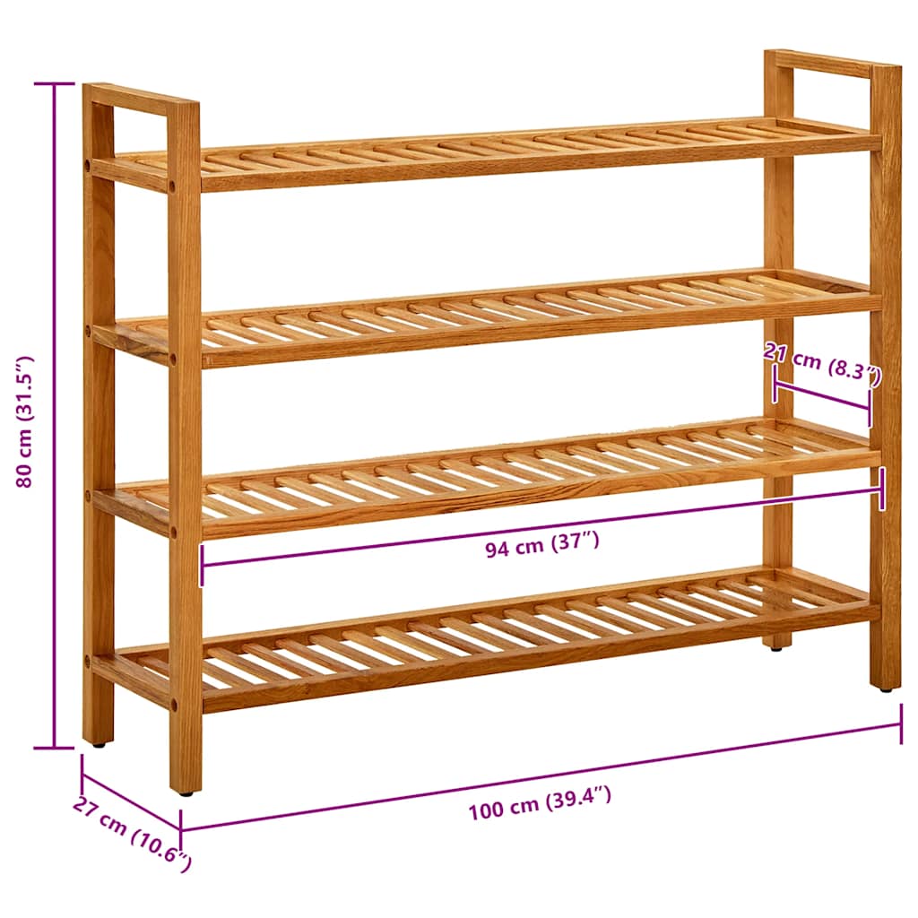 Schuhregal mit 4 Etagen 100x27x80 cm Massivholz Eiche