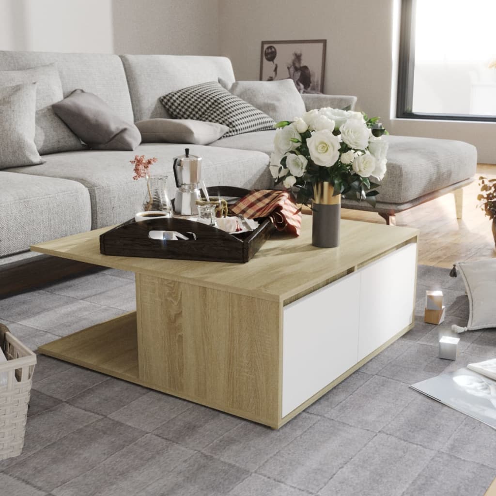 vidaXL Couchtisch Weiß und Sonoma-Eiche 80x80x31 cm Holzwerkstoff