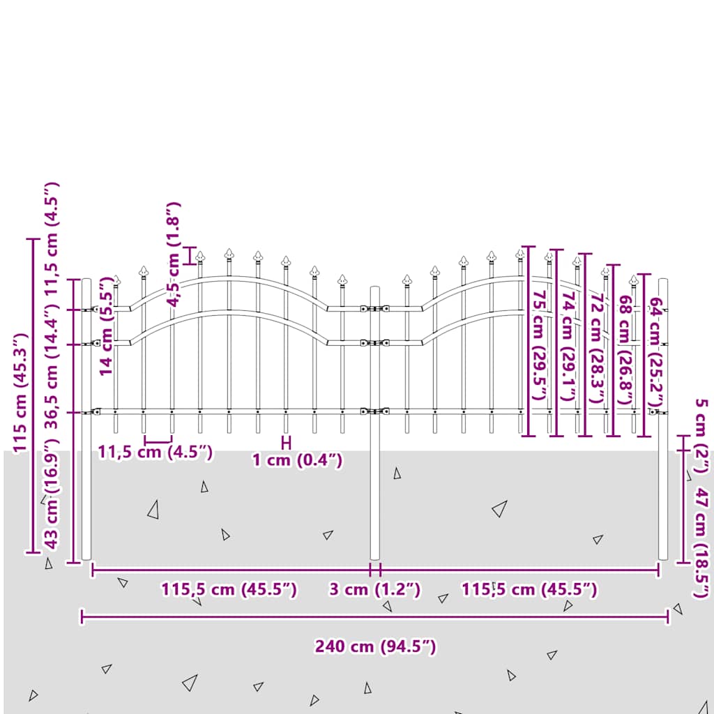 vidaXL Gartenzaun mit Speerspitze Schwarz 239 x 75 cm Pulverbeschichteter Stahl