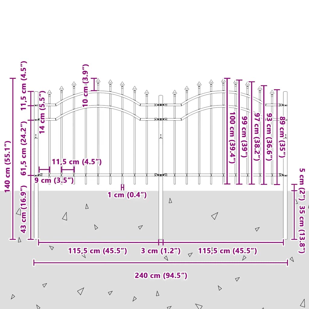 vidaXL Clôture de jardin avec lance noire 239 x 100 cm Acier thermolaqué