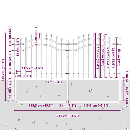 vidaXL Clôture de jardin avec lance noire 239 x 100 cm Acier thermolaqué