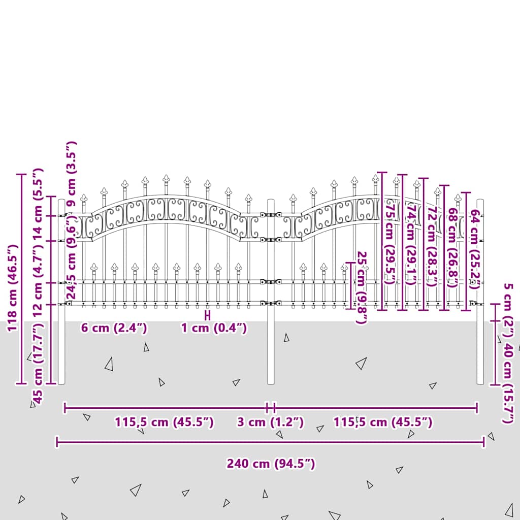 vidaXL Clôture de jardin à lance noire 240 x 75 cm en acier enduit de poudre