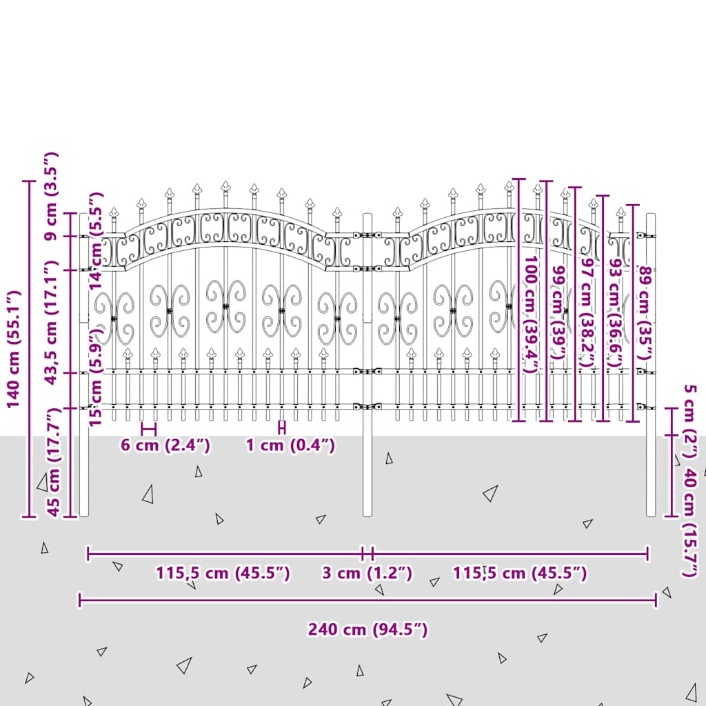 vidaXL Gartenzaun mit Speerspitze Schwarz 240 x 100 cm Pulverbeschichteter Stahl