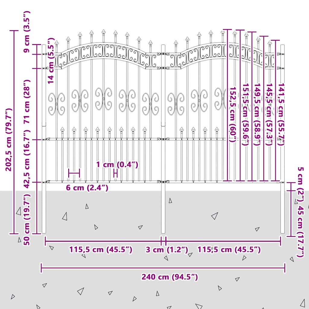 vidaXL Clôture de jardin avec fers de lance Acier poudré Noir 240 x 150 cm