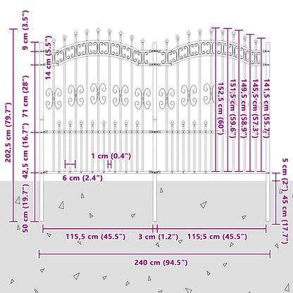 vidaXL Clôture de jardin avec fers de lance Acier poudré Noir 240 x 150 cm