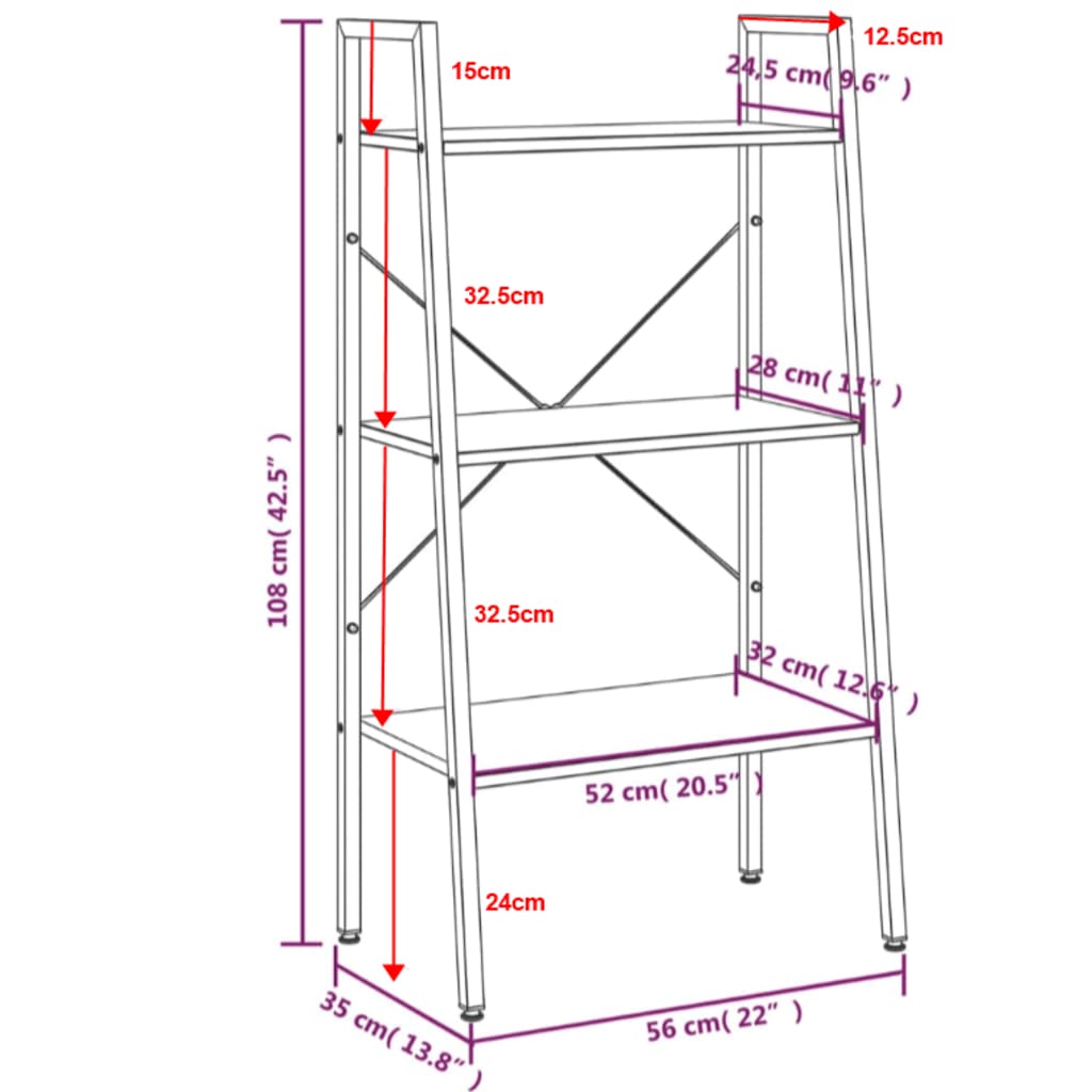 vidaXL Standregal 3 Böden Hellbraun und Schwarz 56x35x108 cm