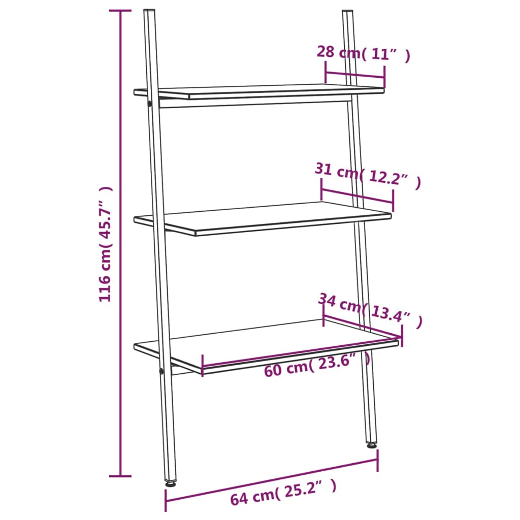 vidaXL Leiterregal mit 3 Böden Dunkelbraun und Schwarz 64x34x116 cm