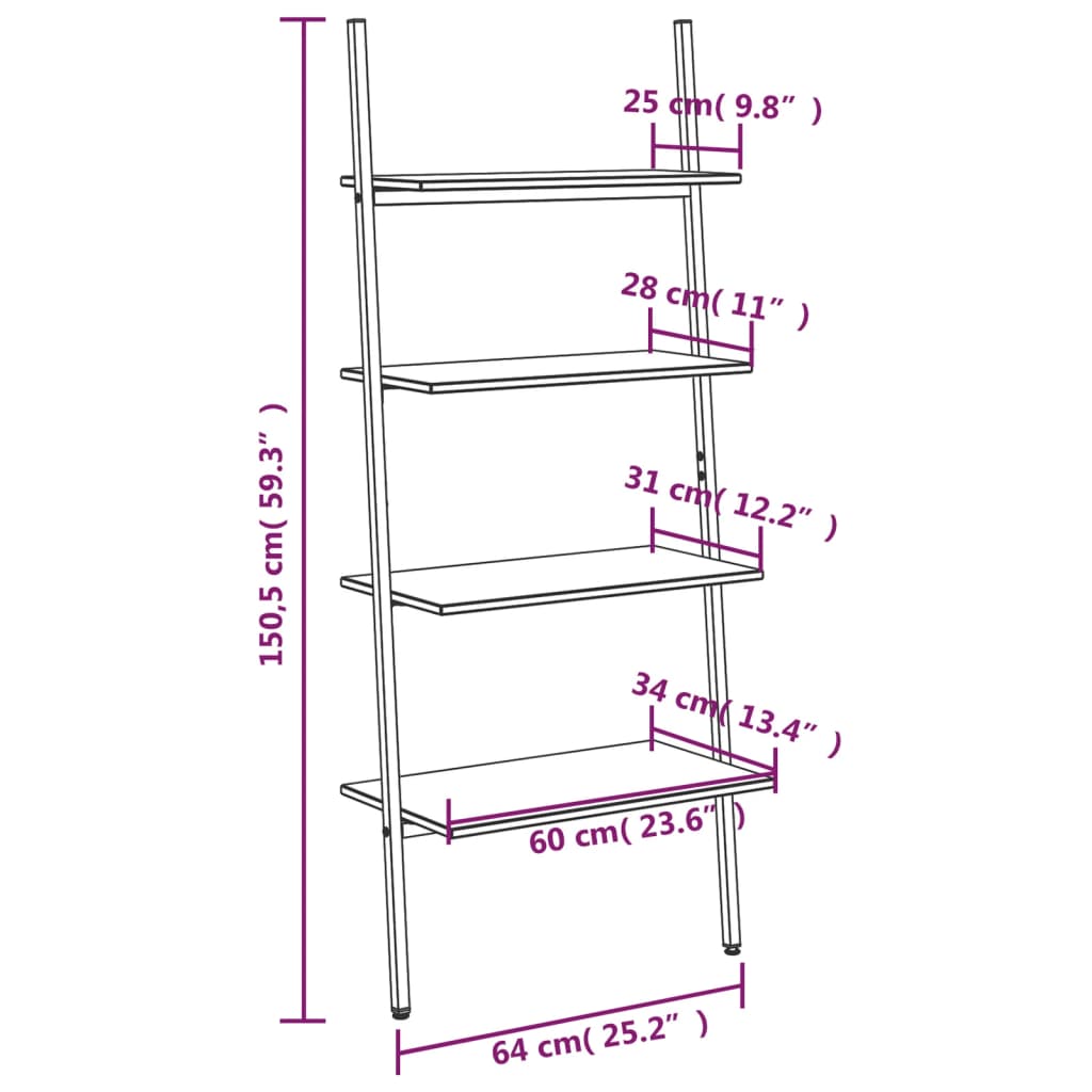 vidaXL Leiterregal mit 4 Böden Schwarz 64x34x150,5 cm