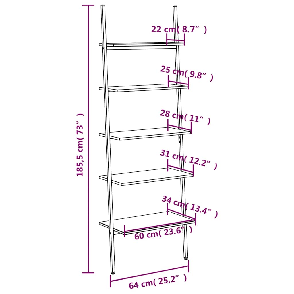 vidaXL Leiterregal mit 5 Böden Dunkelbraun und Schwarz 64x34x185,5 cm