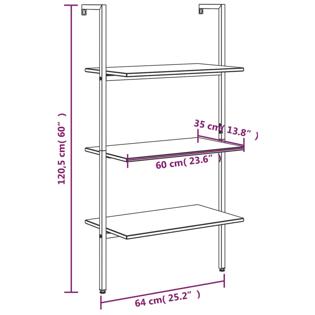 vidaXL Anlehnregal mit 3 Ablagen Hellbraun und Schwarz 64x35x120,5 cm