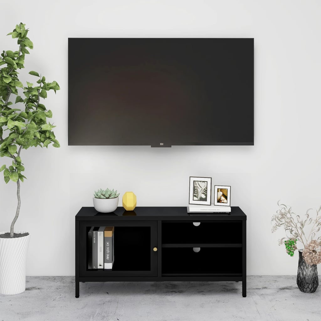 vidaXL Meuble TV Noir 90x30x44 cm Acier et Verre