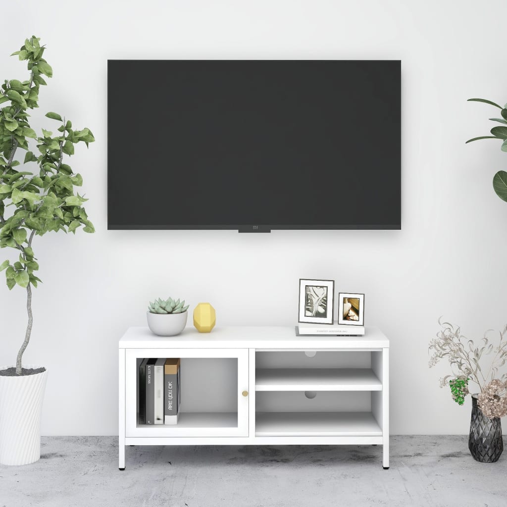 vidaXL Meuble TV Blanc 90x30x44 cm Acier et Verre
