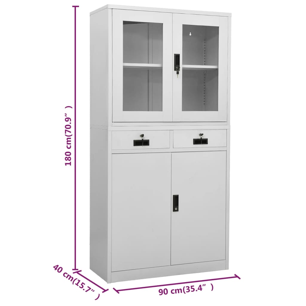 vidaXL Büroschrank Hellgrau 90x40x180 cm Stahl und Gehärtetes Glas