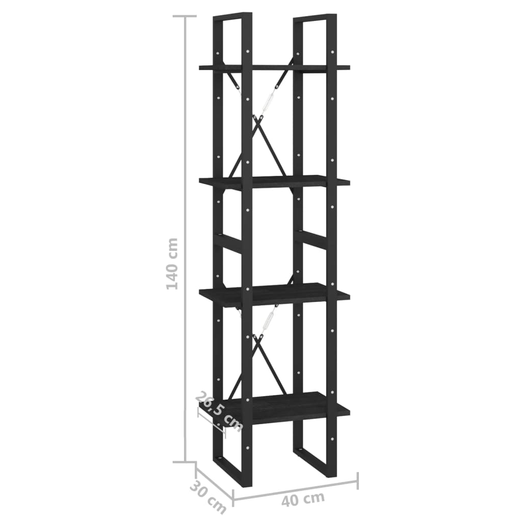 vidaXL Bücherregal 4 Böden Schwarz 40x30x140 cm Massivholz Kiefer