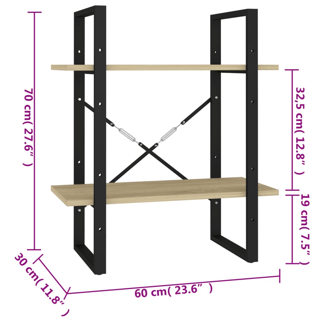 vidaXL Bücherregal 2 Fächer Sonoma-Eiche 60x30x70 cm Holzwerkstoff