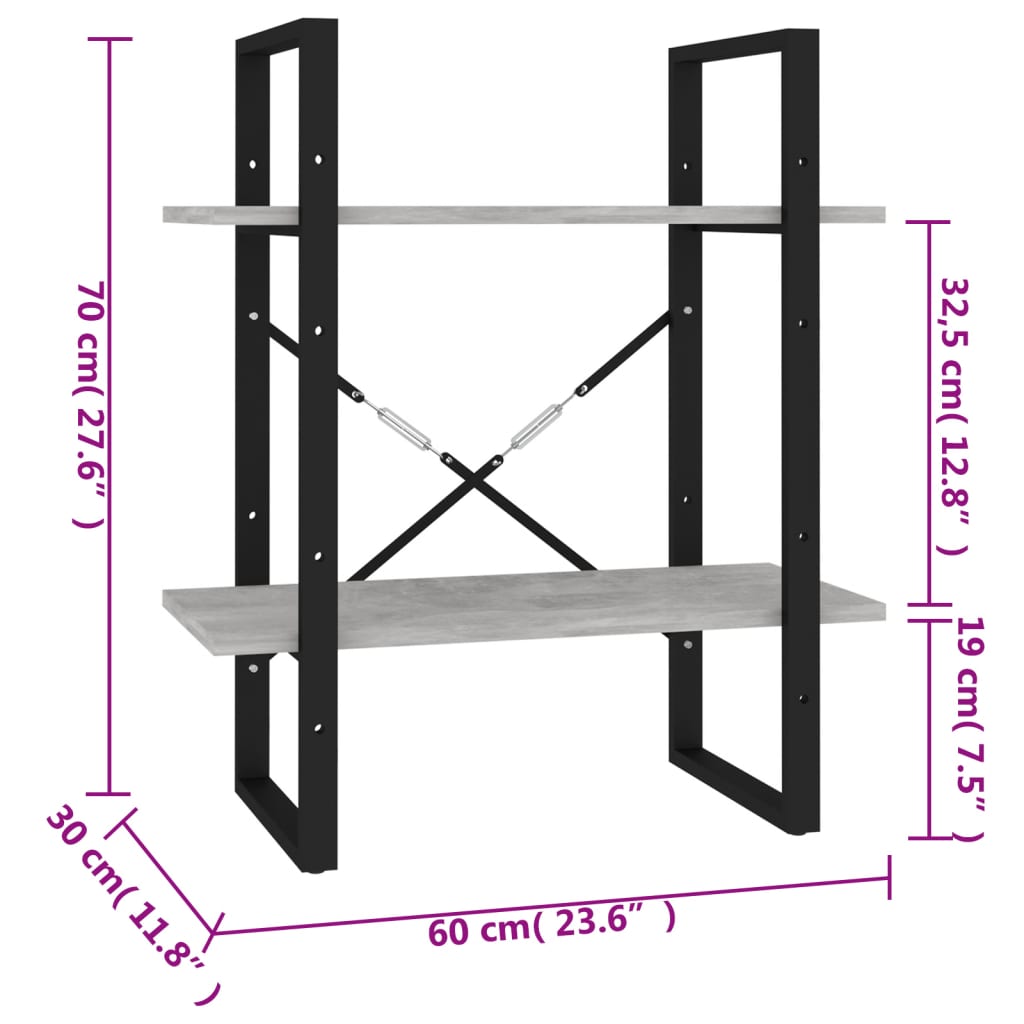 vidaXL Bücherregal 2 Fächer Betongrau 60x30x70 cm Holzwerkstoff