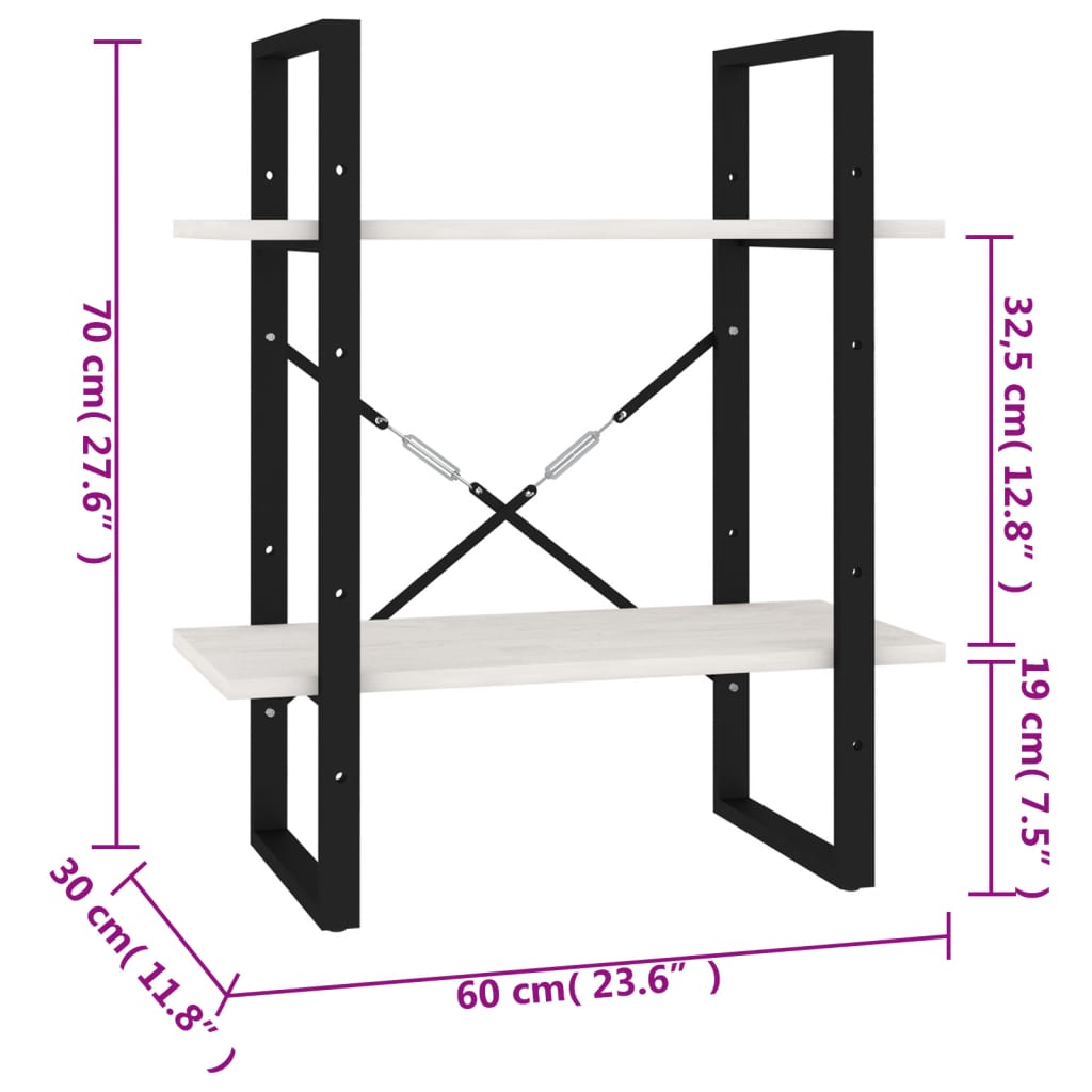vidaXL Bücherregal 2 Böden Weiß 60x30x70 cm Massivholz Kiefer