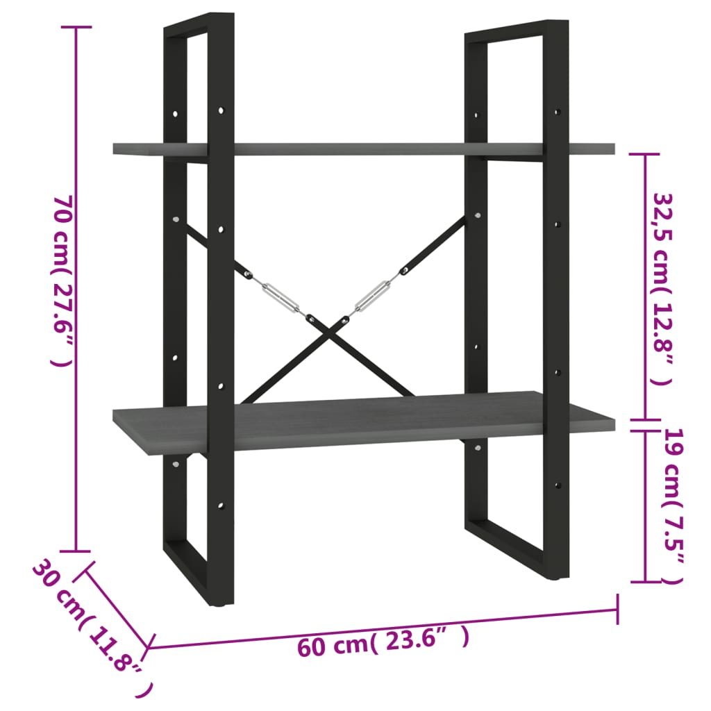 vidaXL Bücherregal 2 Böden Grau 60x30x70 cm Massivholz Kiefer