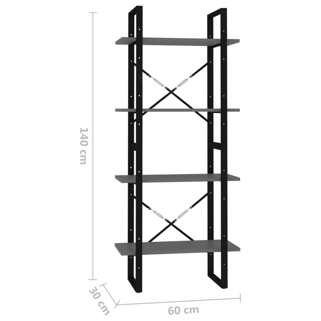 vidaXL Bücherregal 4 Fächer Grau 60x30x140 cm Holzwerkstoff