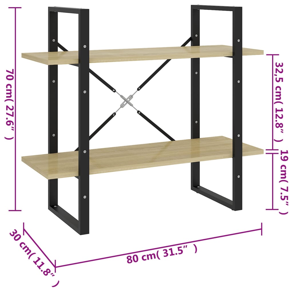 vidaXL Bücherregal 2 Fächer Sonoma-Eiche 80x30x70 cm Holzwerkstoff