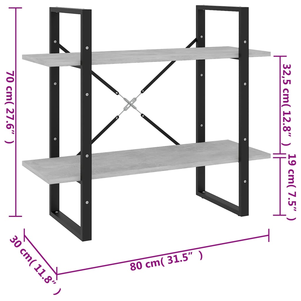 vidaXL Bücherregal 2 Fächer Betongrau 80x30x70 cm Holzwerkstoff