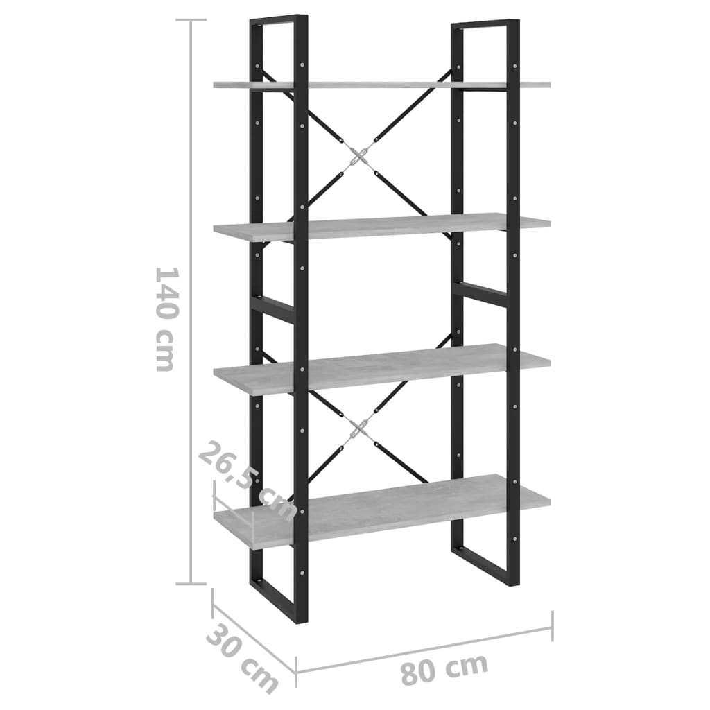 vidaXL Bücherregal 4 Fächer Betongrau 80x30x140 cm Holzwerkstoff