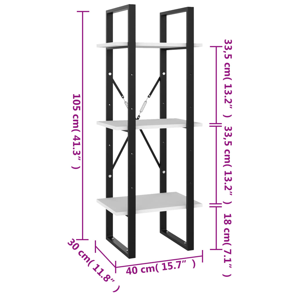 vidaXL Bücherregal 3 Fächer Weiß 40x30x105 cm Holzwerkstoff