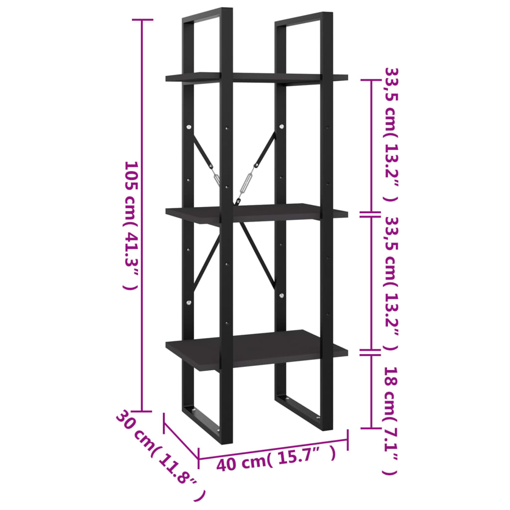 vidaXL Bücherregal 3 Fächer Grau 40x30x105 cm Holzwerkstoff