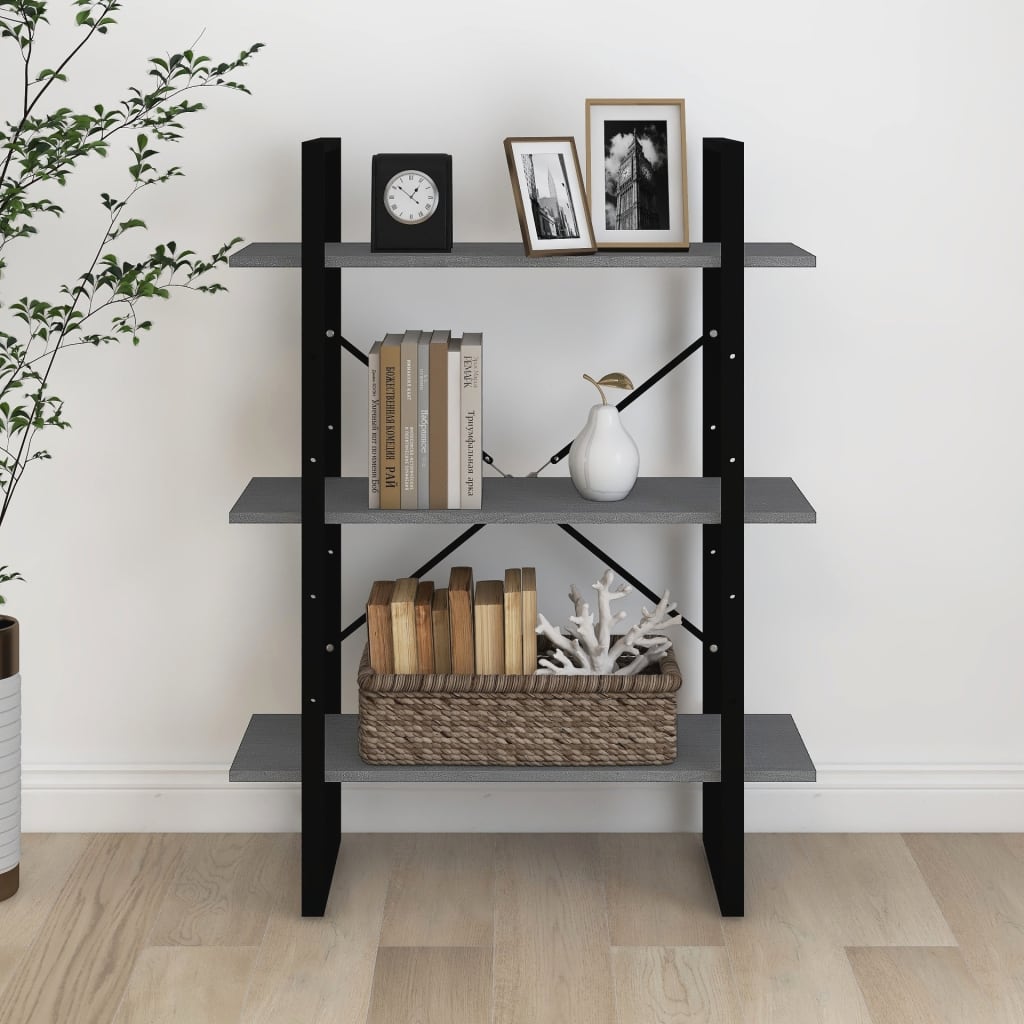 vidaXL Étagère à 3 niveaux gris 80x30x105 cm bois de pin massif