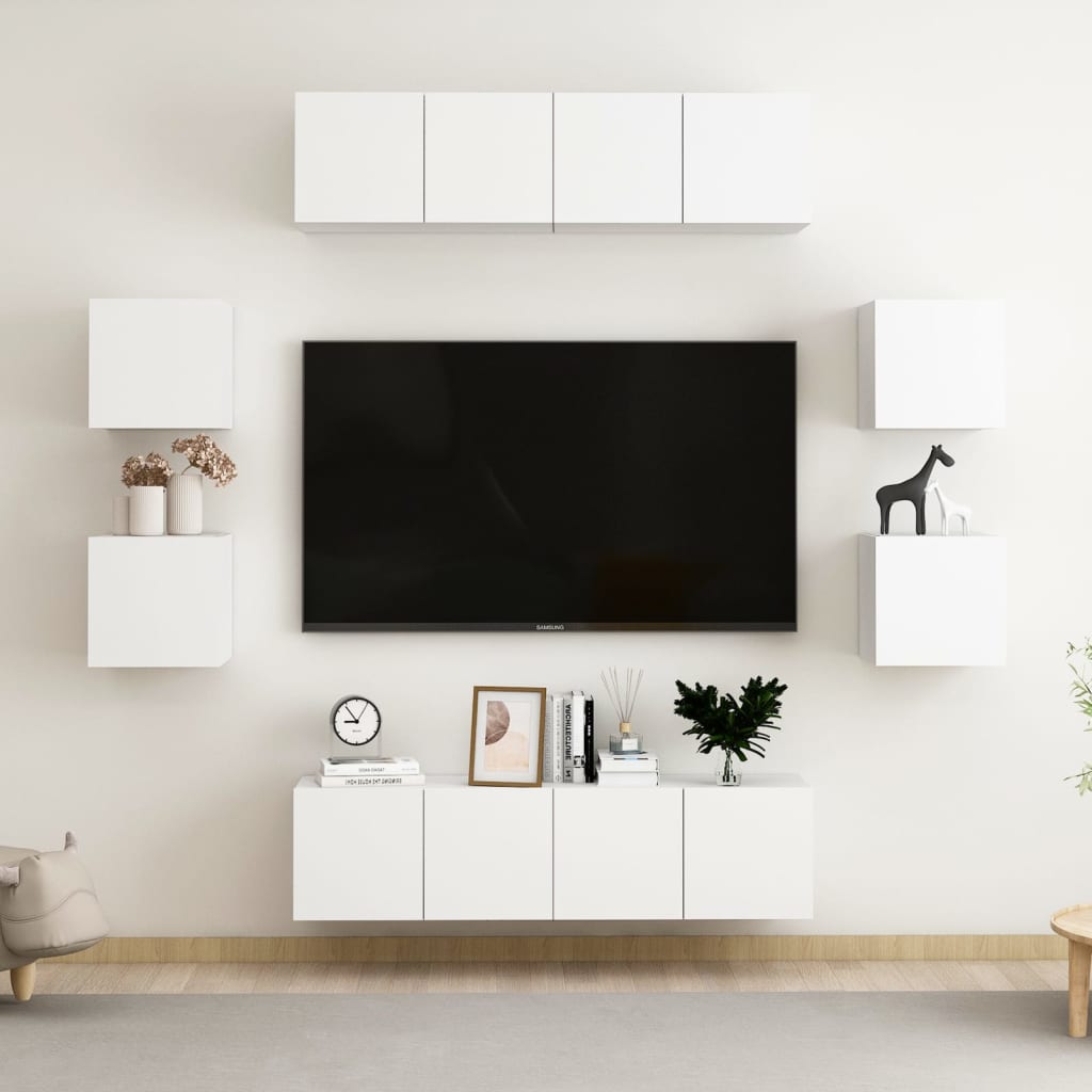 vidaXL Meuble TV, 8 pcs, Blanc, Bois d'ingénierie