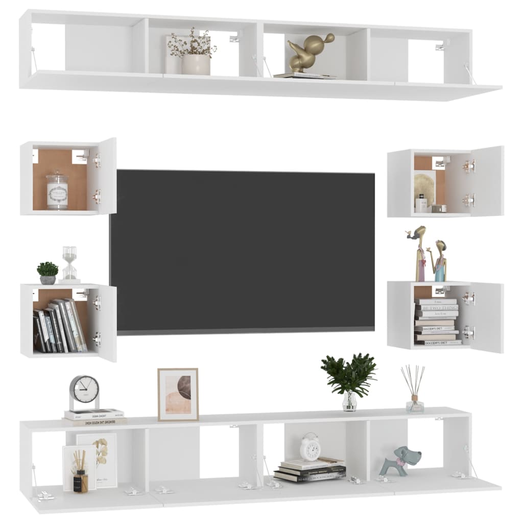 vidaXL Meuble TV, 8 pcs, Blanc, Bois d'ingénierie