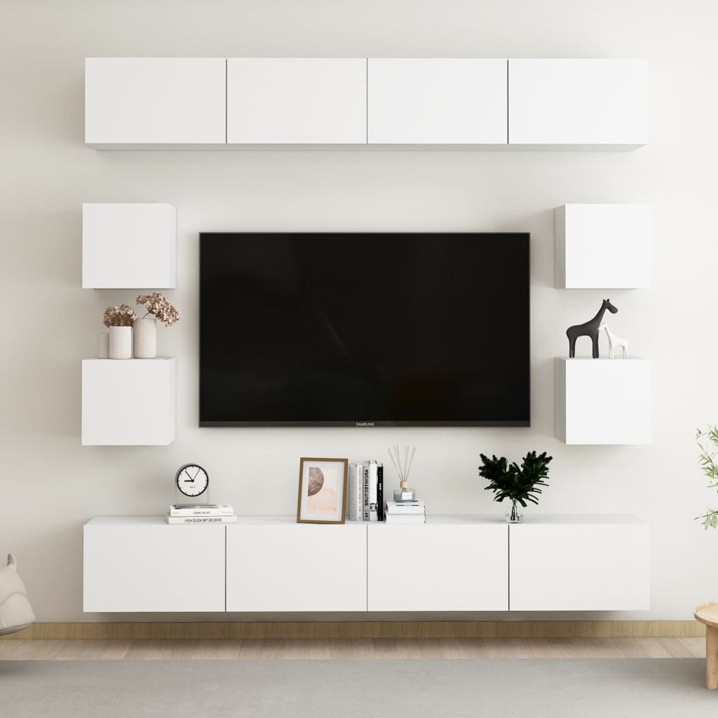 vidaXL Meuble TV, 8 pcs, Blanc, Bois d'ingénierie