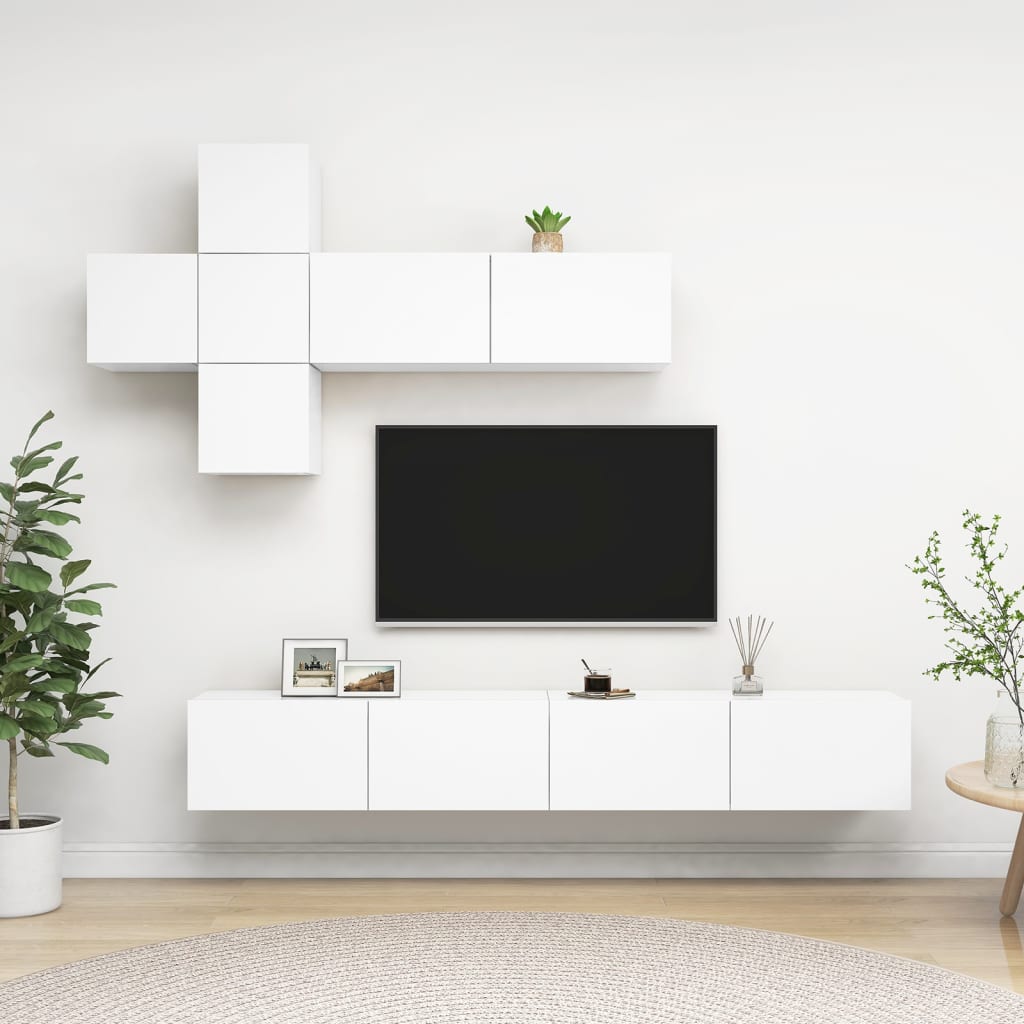vidaXL Meuble TV avec 7 éléments Bois d'ingénierie Blanc