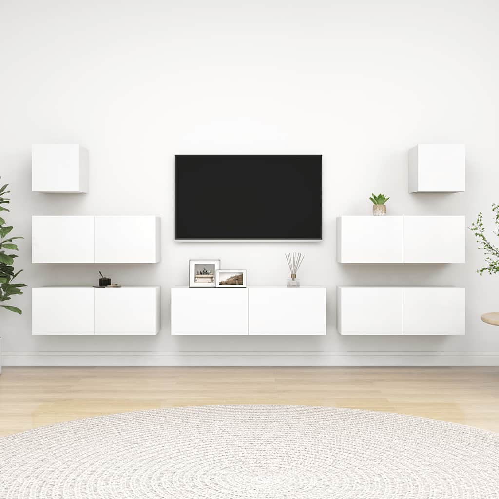 vidaXL Meuble TV avec 7 éléments Bois d'ingénierie Blanc