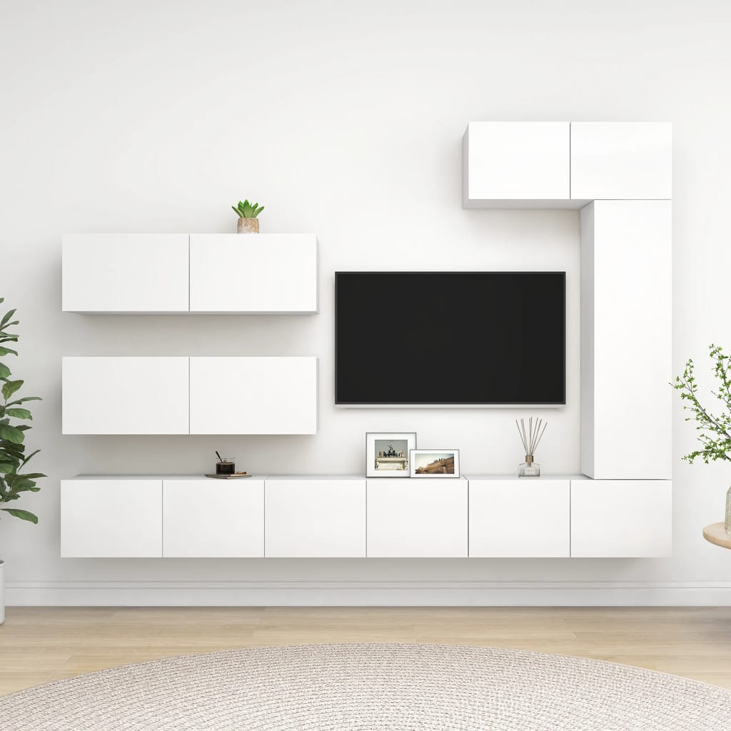 vidaXL Meuble TV avec 7 éléments Bois d'ingénierie Blanc