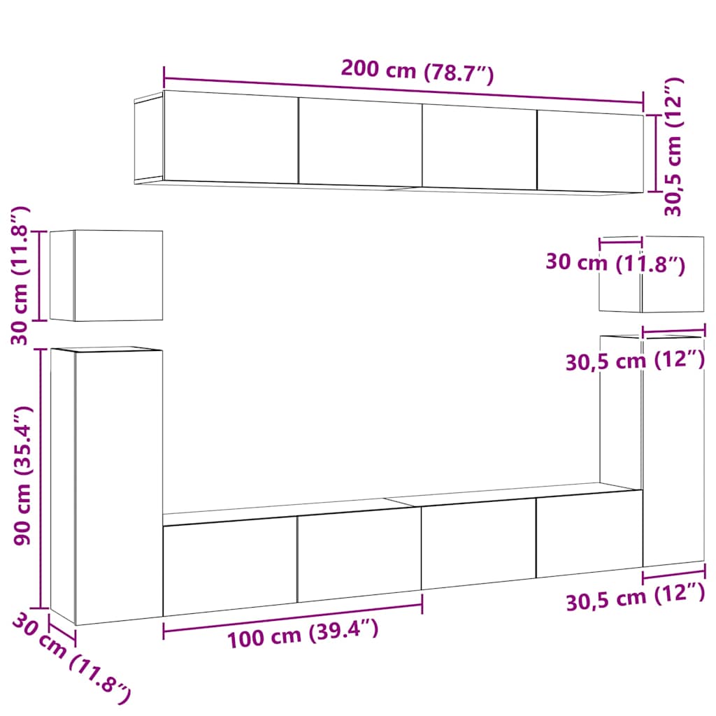vidaXL Meuble TV, 8 pcs, Blanc, Bois d'ingénierie