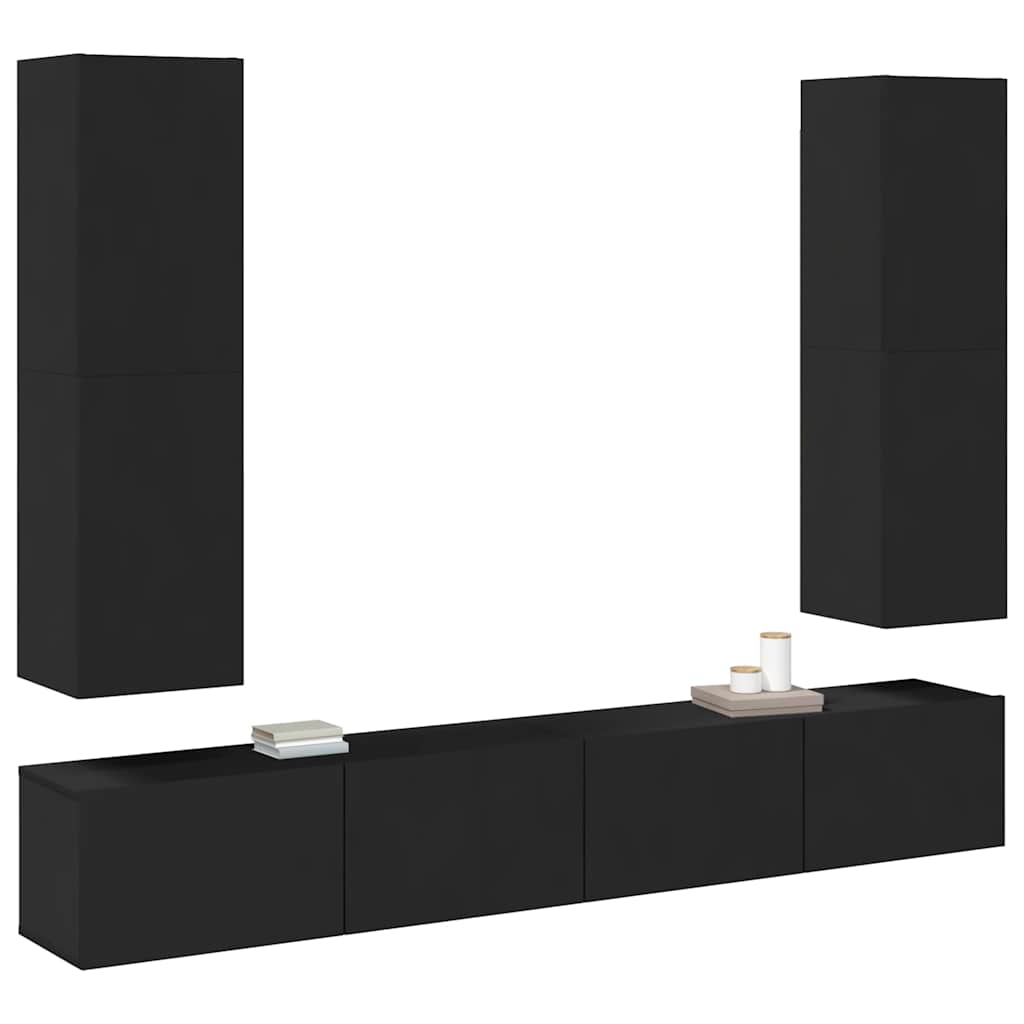 vidaXL Meuble TV, 4 pcs, noir, bois d'ingénierie