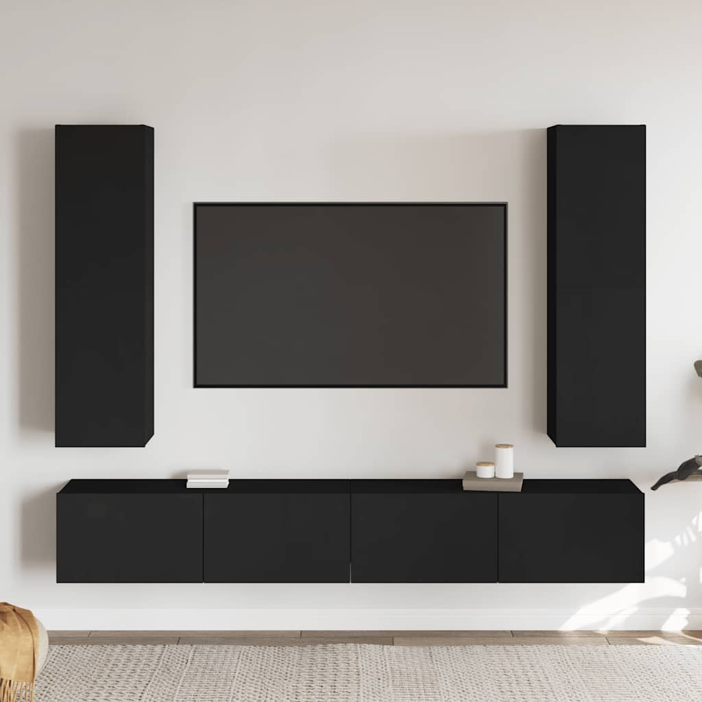 vidaXL Meuble TV, 4 pcs, noir, bois d'ingénierie
