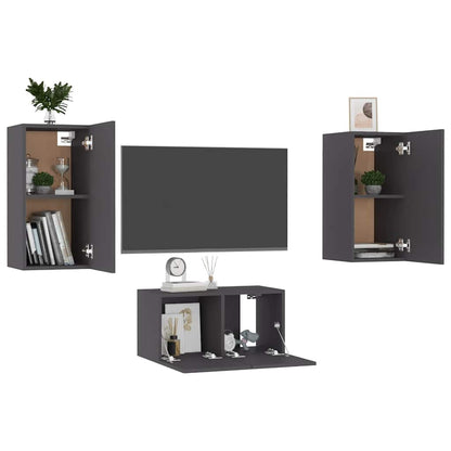 vidaXL Meuble TV, 3 pcs, gris, bois d'ingénierie