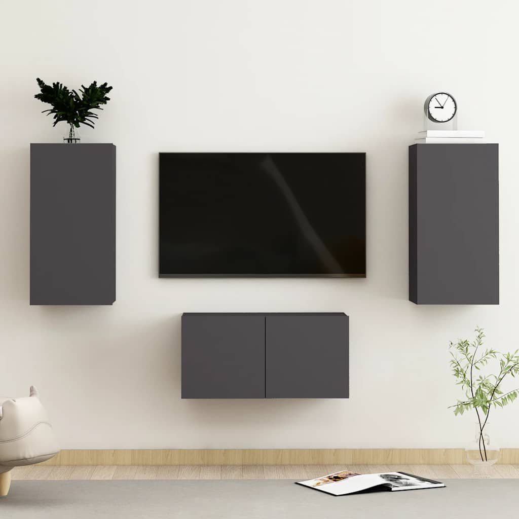vidaXL Meuble TV, 3 pcs, gris, bois d'ingénierie