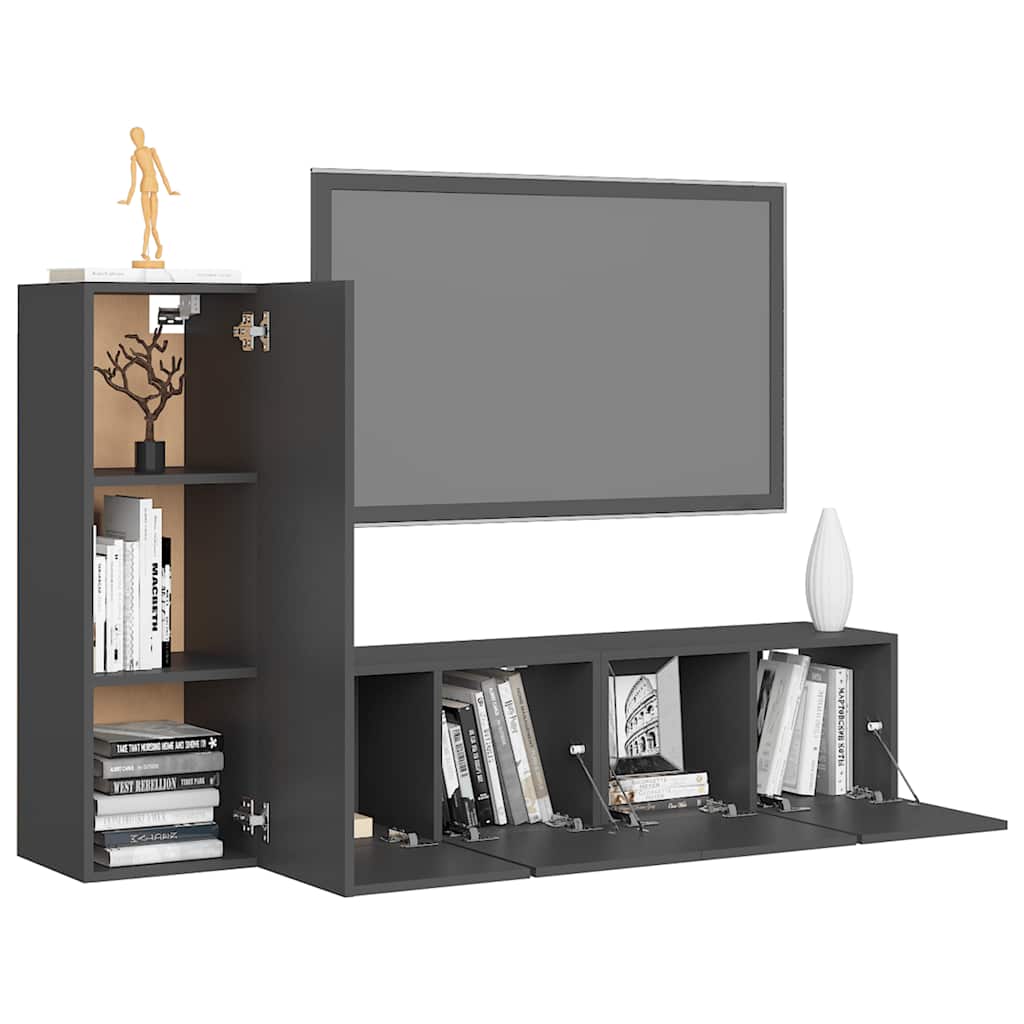 vidaXL Meuble TV, 3 pcs, gris, bois d'ingénierie