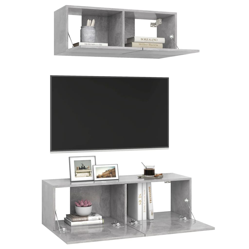 vidaXL Meuble TV, 2 pcs, gris béton, bois d'ingénierie