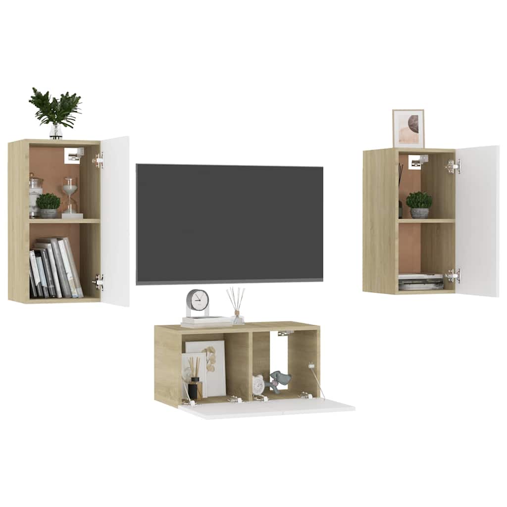 vidaXL Meuble TV 3 pcs Blanc chêne sonoma Aggloméré