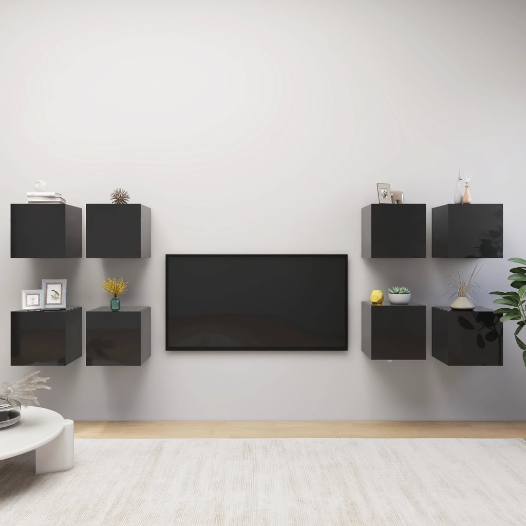 vidaXL Meubles TV muraux 8 pcs Noir brillant 30,5x30x30 cm