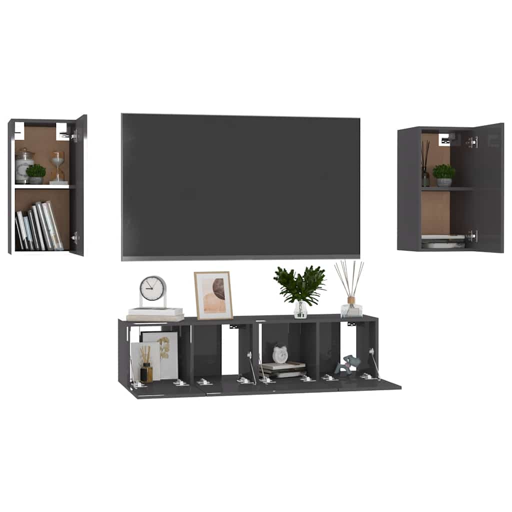 vidaXL Meuble TV 4 pcs Gris brillant Bois d'ingénierie
