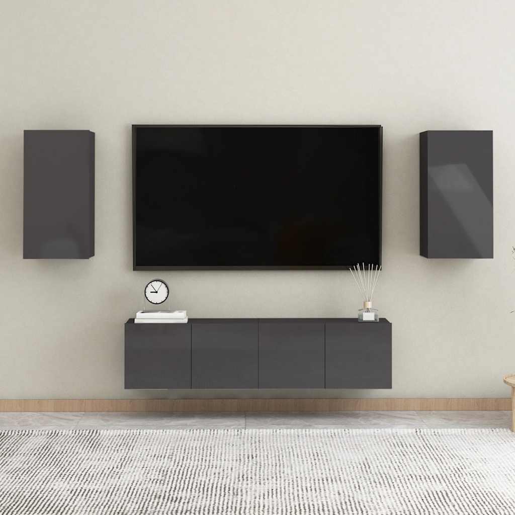 vidaXL Meuble TV 4 pcs Gris brillant Bois d'ingénierie