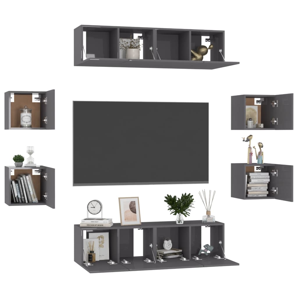 vidaXL Meuble TV, 8 pcs, gris brillant, bois d'ingénierie