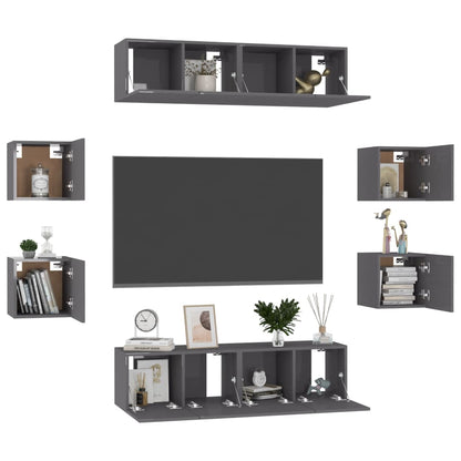 vidaXL Meuble TV, 8 pcs, gris brillant, bois d'ingénierie